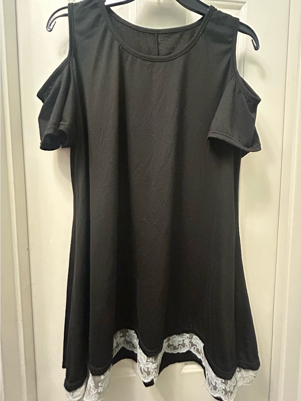Black Cold-Shoulder Tunic with Lace Hem